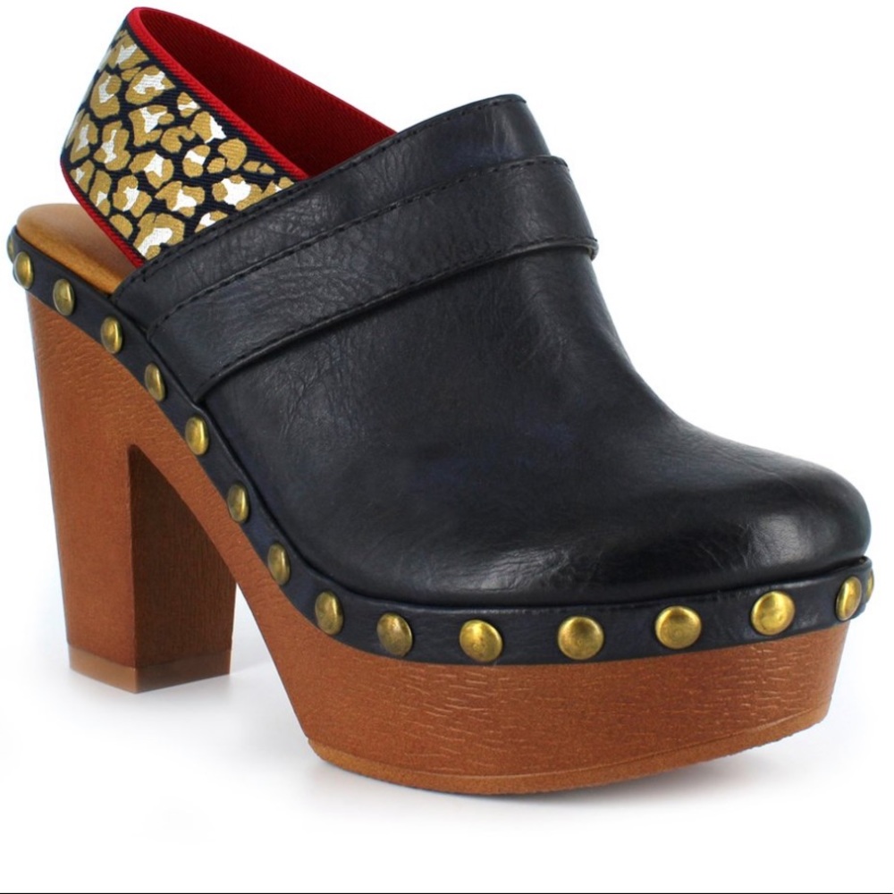 Studded Heeled Clog w/ Patterned Strap, Size 8